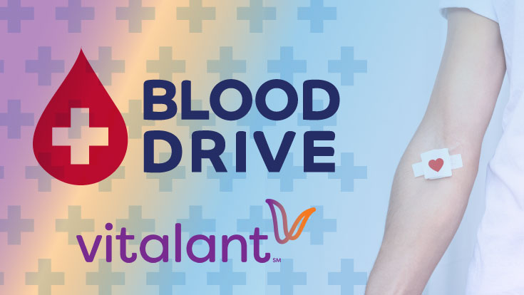 Blood drive copy and Vitalant logo with a photo of an arm with a band-aid on it
